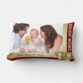 Custom Name & Photo Holiday Red, Gold Bow ランバークッション (正面)