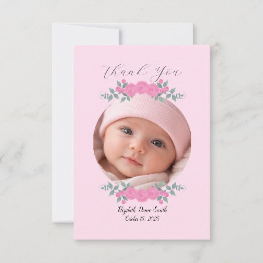 Custom Name Photo, Pink Roses Baby Thank you Card  サンキューカード (正面)