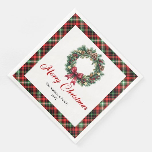 Custom Name Pine Wreath Christmas Napkin Design (コーナー)