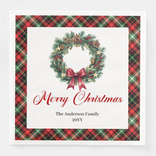 Custom Name Pine Wreath Christmas Napkin Design (正面)