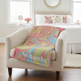 Custom Name Pink and Green Marble Fleece Blanket フリースブランケット