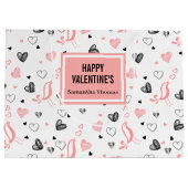 Custom Name Pink Black Hearts Simple Valentine ラージペーパーバッグ (裏面)