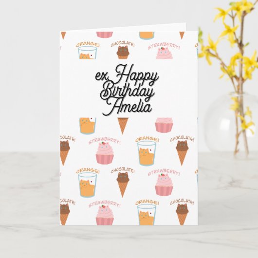 Custom Name Pink Cupcake and Black Cat Pattern  カード (黄色い花)