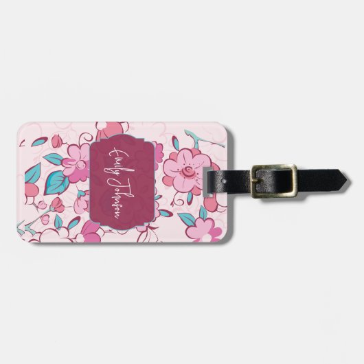 Custom Name Pink Floral Blossom Accent ラゲッジタグ (正面横)