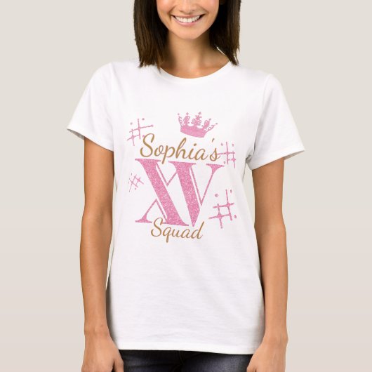 Custom Name Pink Glitter Mis Quince Squad XV Party Tシャツ (正面)