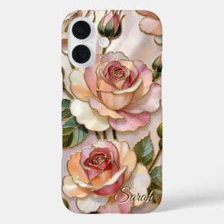 Custom Name Pink Rose Phone Case Elegant Floral iPhone 16ケース