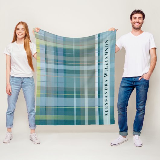 Custom Name Plaid Check Blue Teal Modern Stylish フリースブランケット (インサイチュ)
