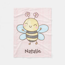 Custom name pretty litlle bee flying happily pink フリースブランケット