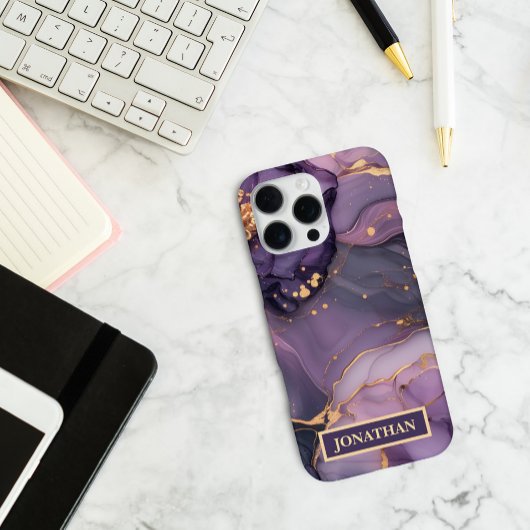 Custom Name Purple Marble Gold Print Personalized iPhoneケース