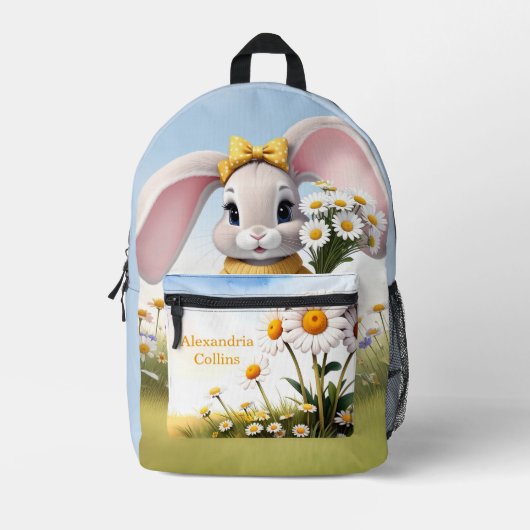 Custom Name Rabbit with white daisies プリントバックパック (正面)