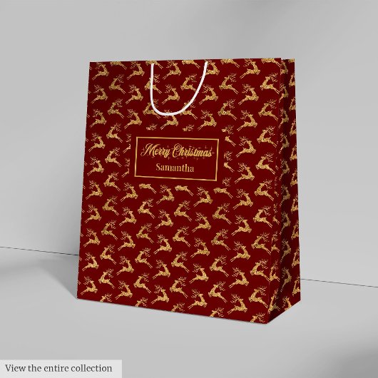 Custom Name Red and Gold Reindeer Gift Bag ミディアムペーパーバッグ