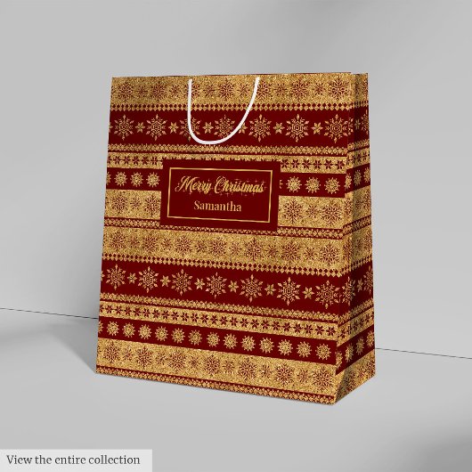 Custom Name Red Gold Christmas Paper Gift Bag ミディアムペーパーバッグ
