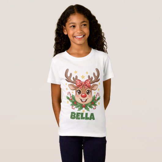 Custom Name Reindeer Kids Christmas Tee Tシャツ (正面フル)