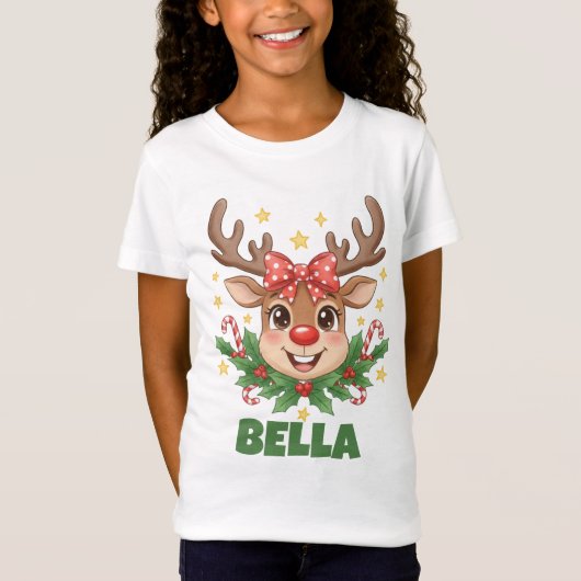 Custom Name Reindeer Kids Christmas Tee Tシャツ (正面)