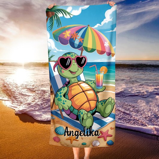 Custom Name Relaxing Turtle & Tropical Beach Vibes ビーチタオル