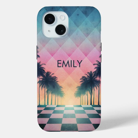 Custom Name Retro Synthwave Sunset Palm Trees Case-Mate iPhoneケース (裏面)