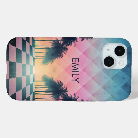 Custom Name Retro Synthwave Sunset Palm Trees Case-Mate iPhoneケース (裏面 (横))