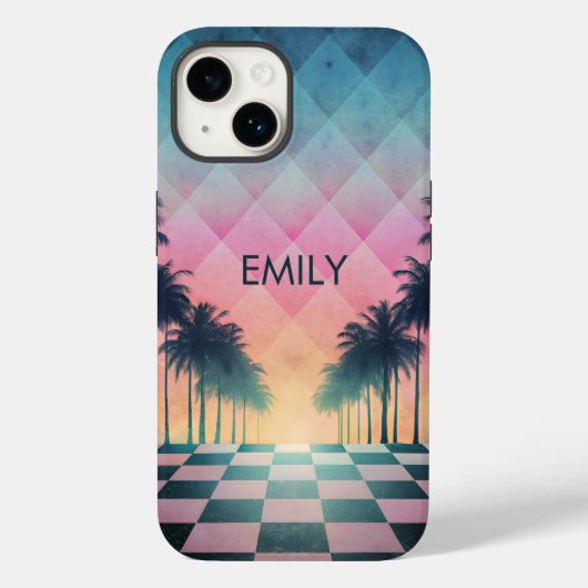 Custom Name Retro Synthwave Sunset Palm Trees Case-Mate iPhoneケース (裏面)