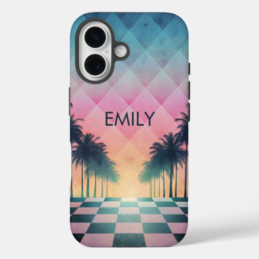 Custom Name Retro Synthwave Sunset Palm Trees Case-Mate iPhoneケース (裏面)