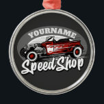Custom NAME Rockabilly Roadster Speed Shop Garage メタルオーナメント<br><div class="desc">Personalized Custom NAME Red Hot Rod Roadster Speed Shop Garage Gifts - Personalize with your Name or Custom Text - The ultimate UNIQUE gift for that Hot Rod,  Custom Classic Car Enthusiast!</div>