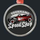 Custom NAME Rockabilly Roadster Speed Shop Garage メタルオーナメント<br><div class="desc">Personalized Custom NAME Red Hot Rod Roadster Speed Shop Garage Gifts - Personalize with your Name or Custom Text - The ultimate UNIQUE gift for that Hot Rod,  Custom Classic Car Enthusiast!</div>