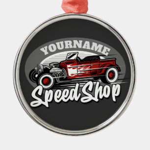 Custom NAME Rockabilly Roadster Speed Shop Garage メタルオーナメント