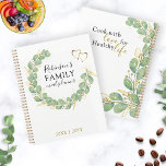 Custom Name Romantic Eucalyptus Wreath Family Meal プランナー手帳<br><div class="desc">Create a personalized family meal planner with elegant watercolor eucalyptus wreath on white background decorated with two hearts. Use the template text to type your family name and years. Backside cover features a motivational saying Cook with love for healthy life in script and modern fonts. It's a cute gift idea...</div>