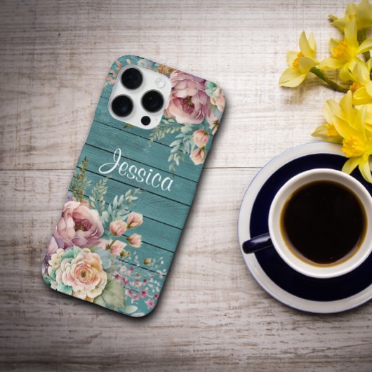 Custom Name Rustic Teal Wood Floral Personalized iPhoneケース
