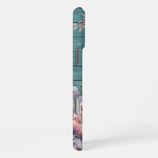 Custom Name Rustic Teal Wood Floral Personalized iPhoneケース (右側面)