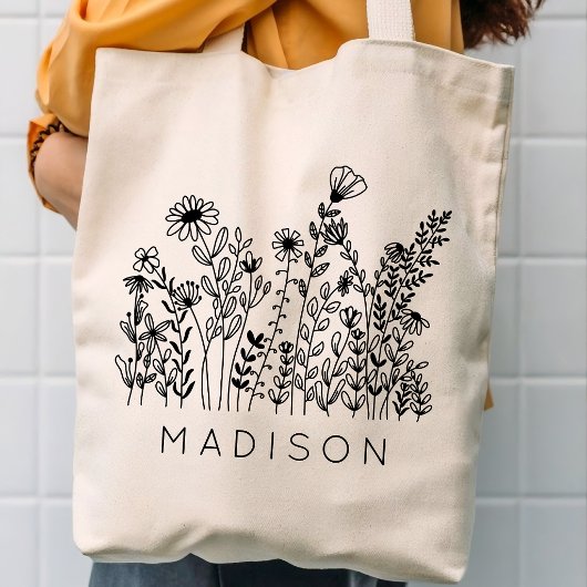 Custom name rustic wildflowers bridesmaid tote bag トートバッグ
