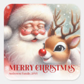 Custom Name Santa Rudolph Adorable Christmas Kids スクエアシール (正面)