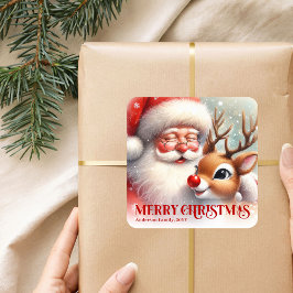 Custom Name Santa Rudolph Adorable Christmas Kids スクエアシール