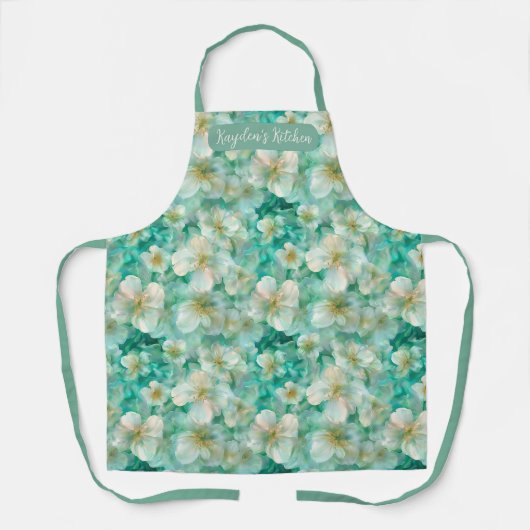 Custom Name Script Kitchen Floral Green Coffee エプロン (正面)