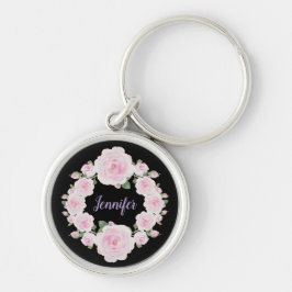Custom Name, Soft Pink Roses Wreath Metal Keychain キーホルダー