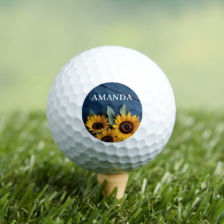 Custom Name Sunflowers on Navy Blue Wood ゴルフボール