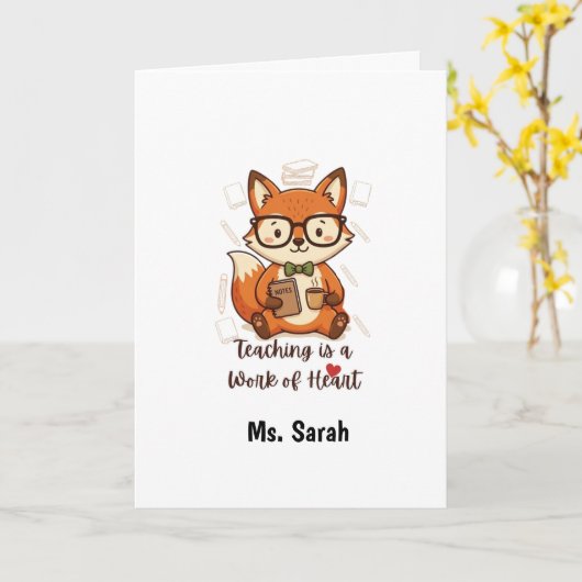 Custom Name Teacher Appreciation - Cute Fox  カード (黄色い花)