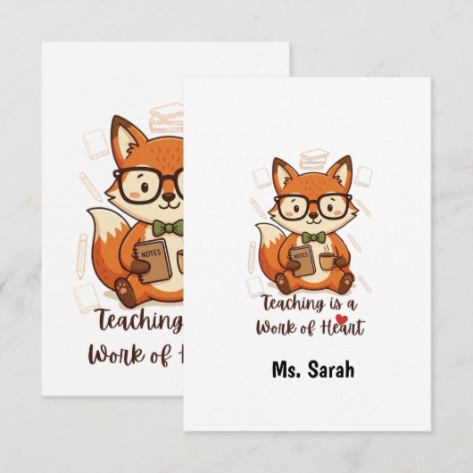 Custom Name Teacher Appreciation - Cute Fox  出欠カード (正面/裏面)