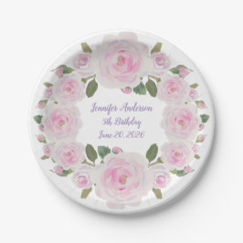Custom Name, Text, Pink Roses Paper Plate Party ペーパープレート
