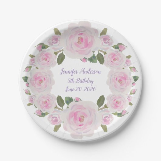 Custom Name, Text, Pink Roses Paper Plate Party ペーパープレート (正面)