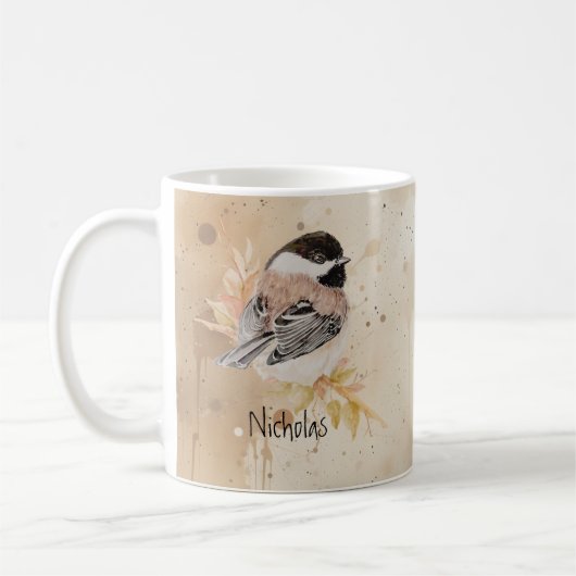 Custom Name Text Watercolor Chickadee Bird コーヒーマグカップ (左)