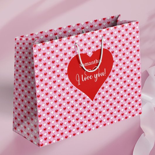 Custom Name Valentine Bag With I Love You Hearts ラージペーパーバッグ
