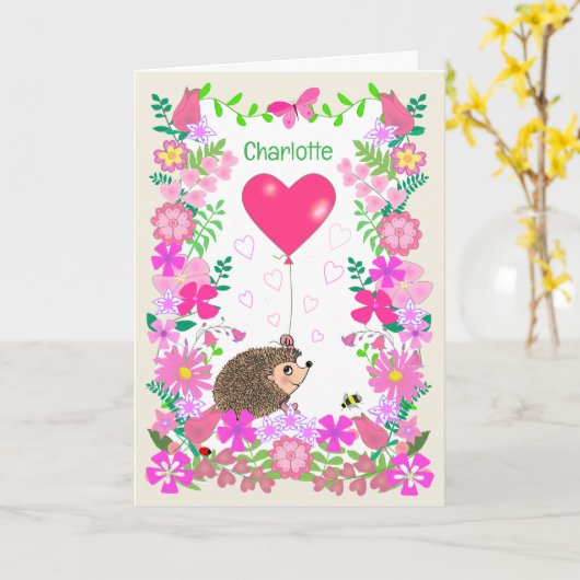 Custom Name Valentine with a Cute Hedgehog カード (黄色い花)