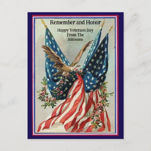 Custom Name Vintage Veteran's Day Patriotic Flag ポストカード (正面)