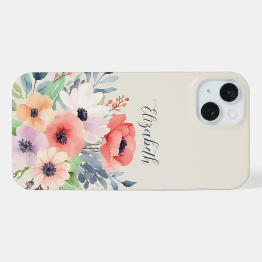 Custom Name Watercolor Floral Anemone iPhoneケース (裏面横)