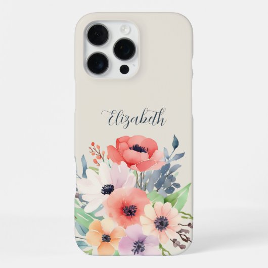 Custom Name Watercolor Floral Anemone iPhoneケース (裏面)