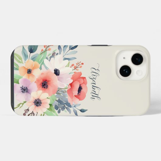 Custom Name Watercolor Floral Anemone iPhoneケース (裏面横)