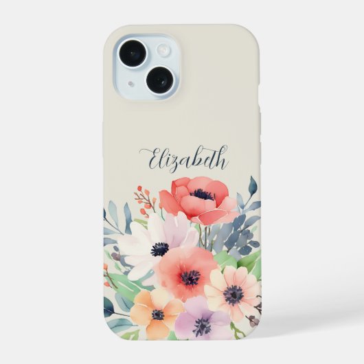 Custom Name Watercolor Floral Anemone iPhone 15ケース (裏面)