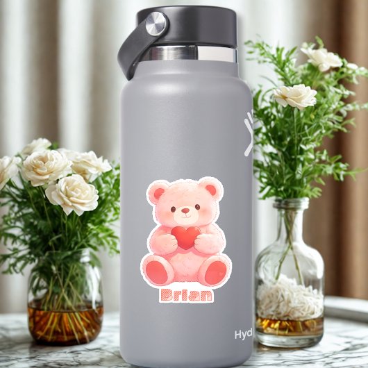 Custom Name Watercolor Pink Teddy Bear Heart シール