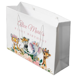 Custom Name Watercolor Safari Animal Birthday ラージペーパーバッグ