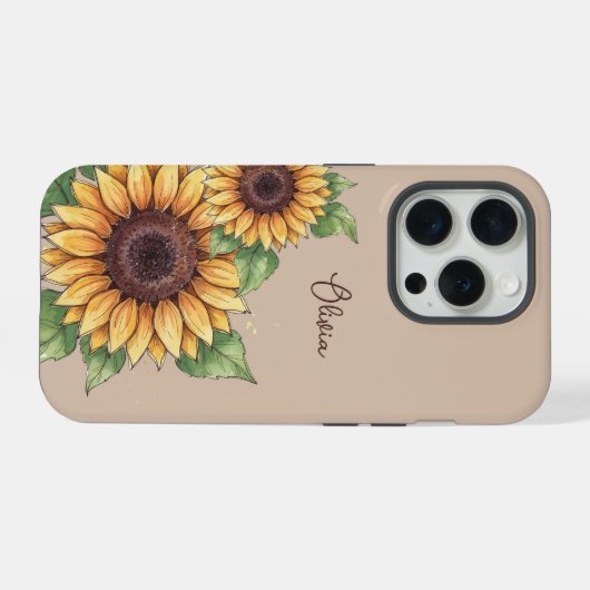 Custom Name Watercolor Sunflower Rustic iPhoneケース (裏面横)